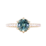 1.33ct Precision Cut Teal Round Montana Sapphire Lotus Six Prong Solitaire with Diamonds in 14k Yellow Gold