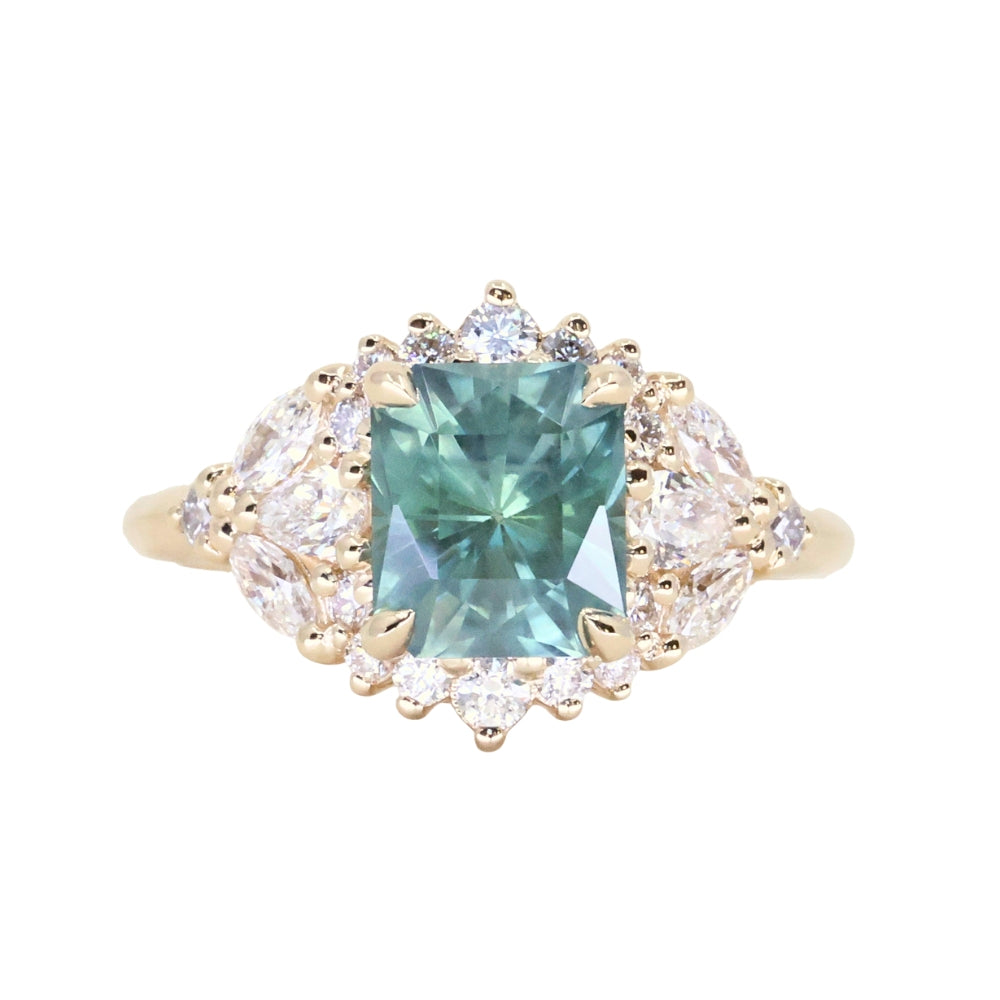 2.70ct Untreated Radiant Cut Montana Sapphire and Diamond Floral Halo in 14k Yellow Gold