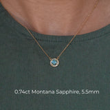 Dainty 14k Yellow Gold Montana Sapphire and Diamond Halo Necklaces
