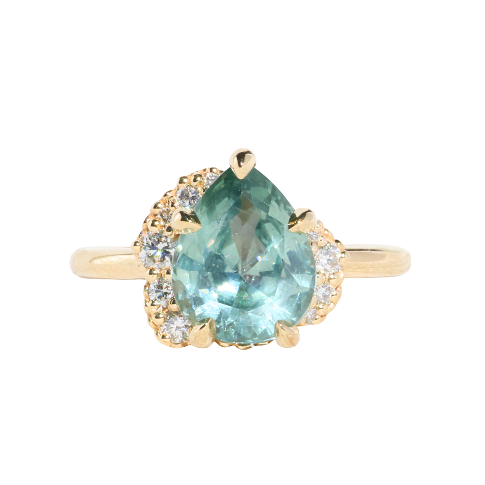 3.34ct  Untreated Pear Montana Sapphire and Diamond Asymmetrical Cluster Ring in 18k Yellow Gold