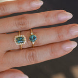 1.62ct Round Teal Green Montana Sapphire and Princess Cut Diamond Rapids Low Profile Ring in 18k Yellow Gold