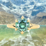 3.01ct Round GIA Teal Montana Sapphire Low Profile Six Prong Split Shank Solitaire in 18k Yellow Gold