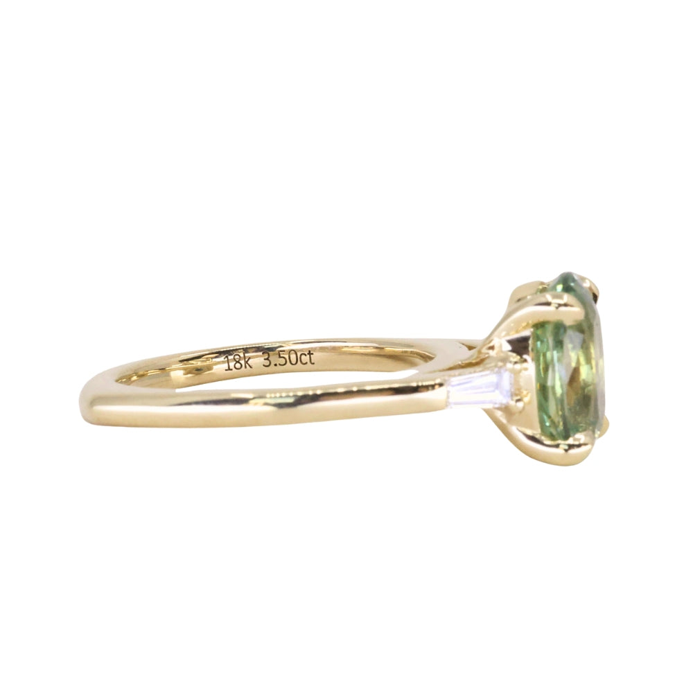 3.50ct Oval Untreated Montana Sapphire and Tapered Baguette Diamond Stackable 4 Prong Ring With Euro Shank in 18k Yellow Gold