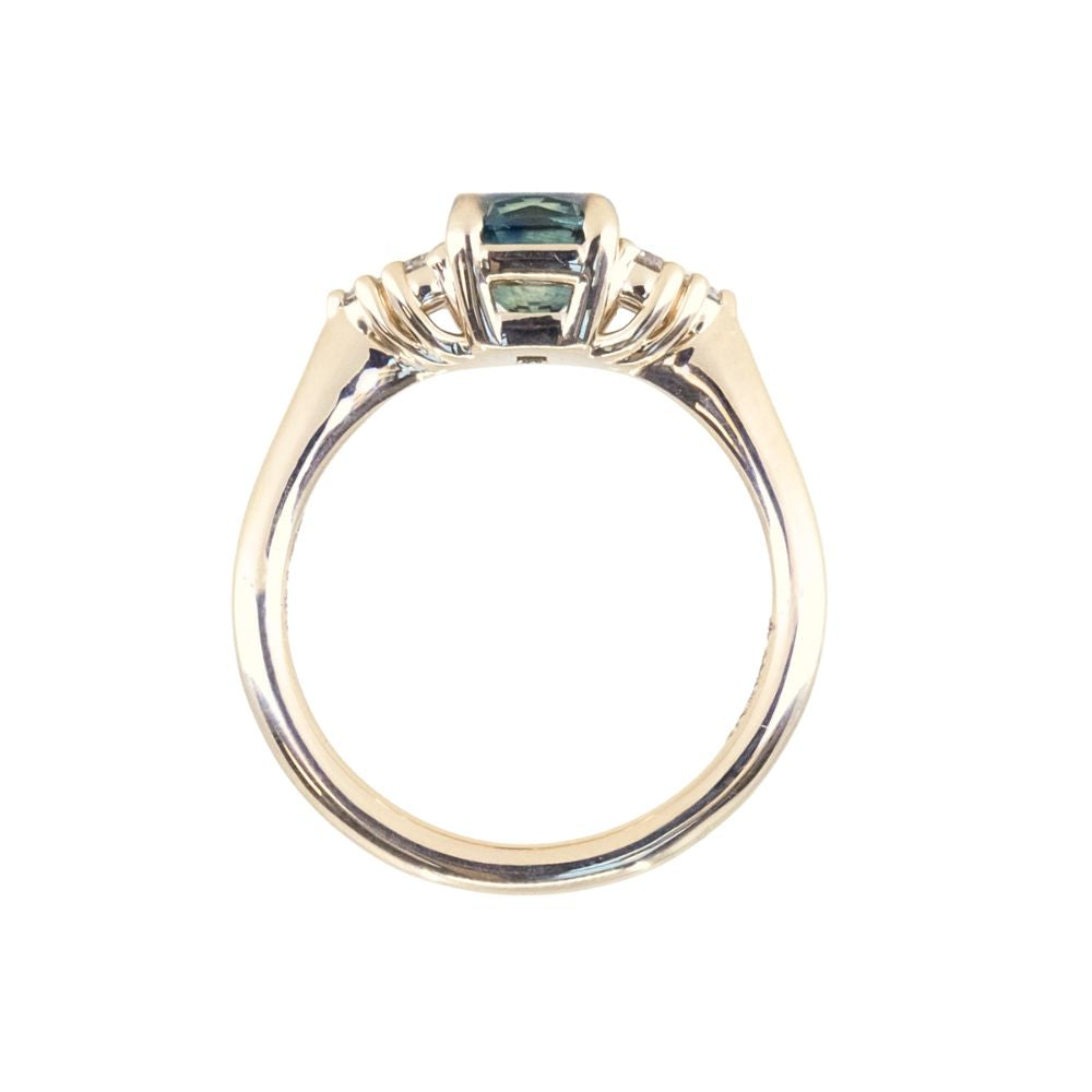 1.55ct Precision Radiant Cut Teal Montana Sapphire and Diamond Cluster Evergreen Ring in 14k Yellow Gold