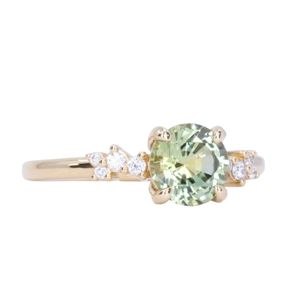 1.43ct Round Light Spring Green Montana Sapphire and Diamond Starry Night Low Profile Solitaire in 18k Yellow Gold