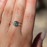 0.67ct Untreated Elongated Hexagon Montana Sapphire & 0.11ct Round Antique Old Mine Cut Diamond Toi Et Moi Ring in 14k Yellow Gold