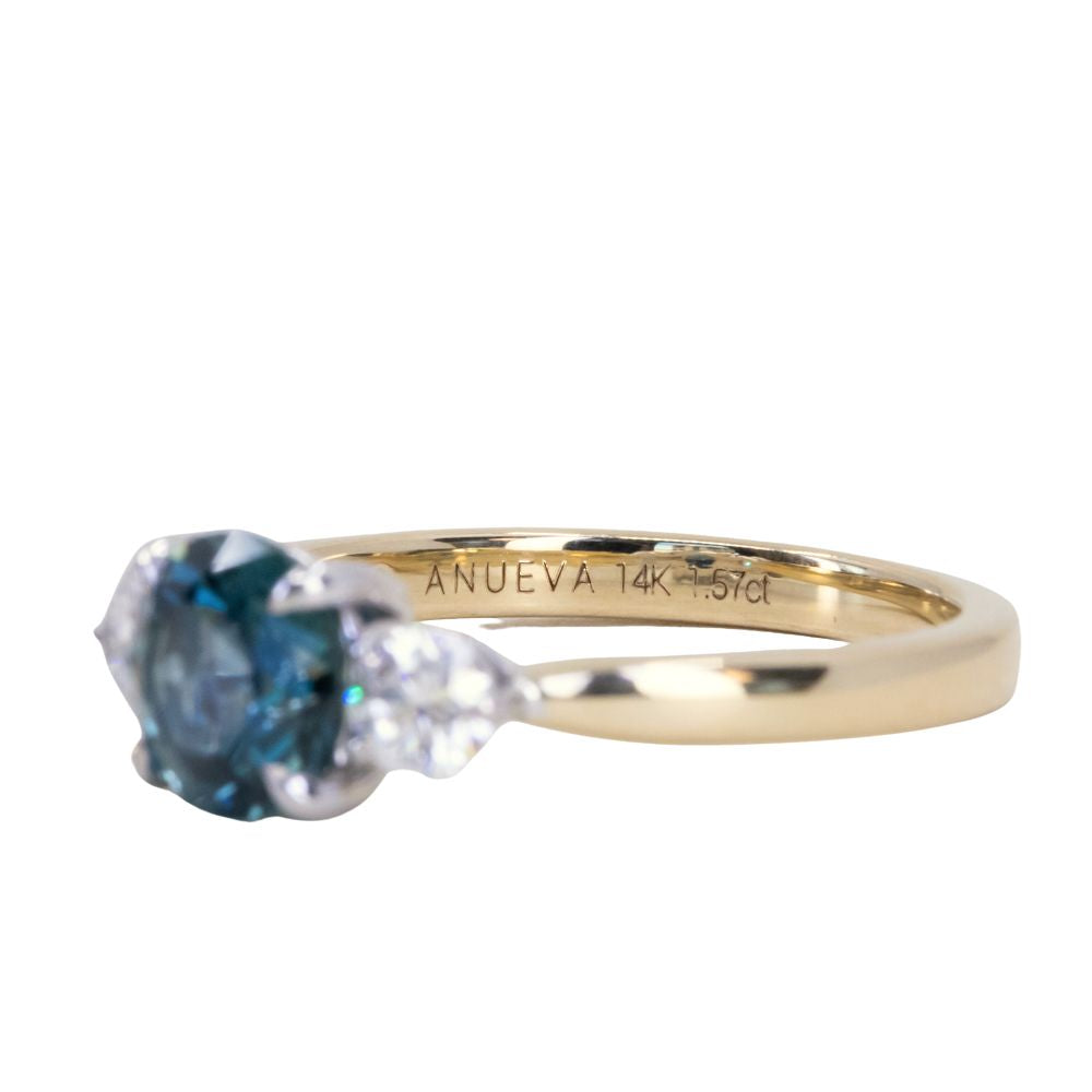 1.57ct Ocean Blue Round Montana Sapphire and Lab Diamond Three Stone Ring in Two Tone Gold