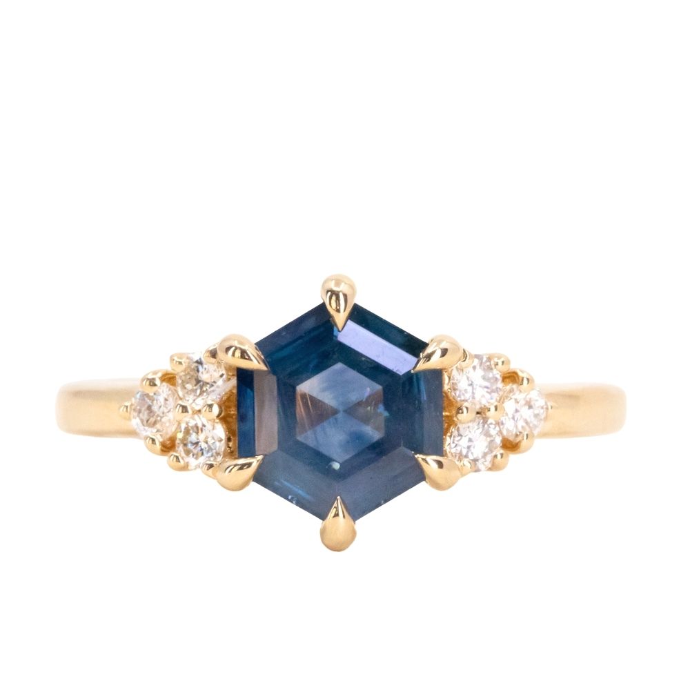 1.45ct Hexagon Silky Blue Montana Sapphire and Diamond Cluster Ring in 18k Yellow Gold