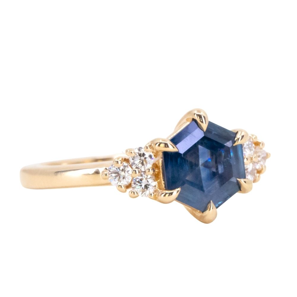 1.45ct Hexagon Silky Blue Montana Sapphire and Diamond Cluster Ring in 18k Yellow Gold