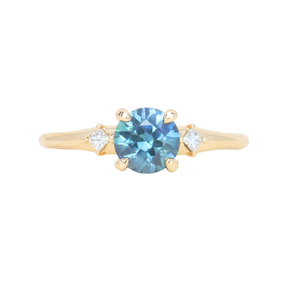 1.03ct Round Montana Sapphire and Princess Cut Diamond Rapids Low Profile Ring in 14k Yellow Gold