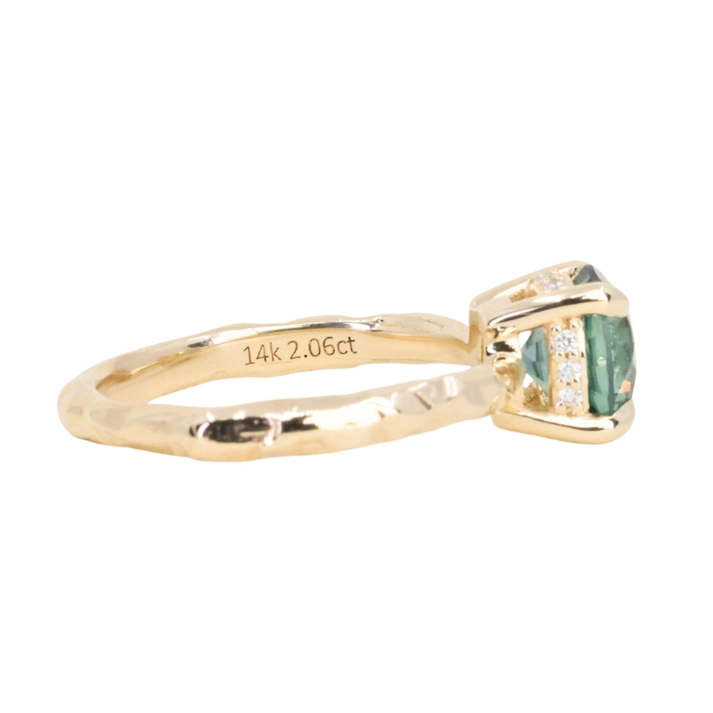 2.06ct Round Untreated Teal Montana Sapphire Hidden Halo Low Profile Evergreen Carved Four Prong Solitaire in 14k Yellow Gold