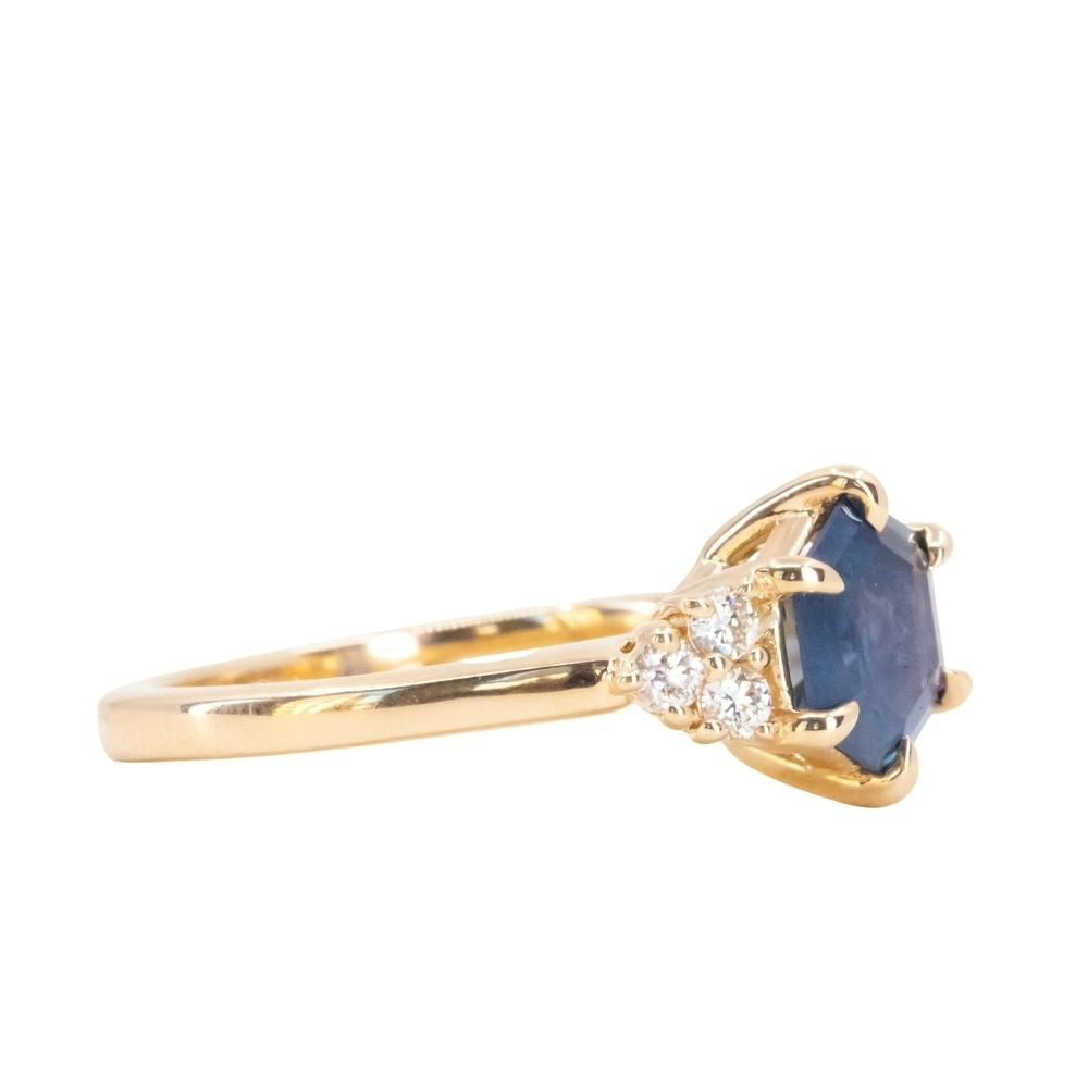 1.45ct Hexagon Silky Blue Montana Sapphire and Diamond Cluster Ring in 18k Yellow Gold