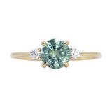 1.36ct Untreated Seafoam Round Montana Sapphire and Diamond Dainty Three Stone Ring in 18k Yellow Gold