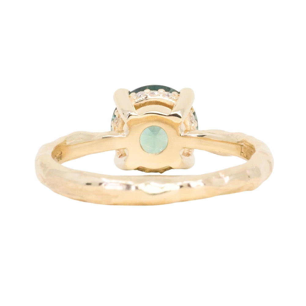 2.06ct Round Untreated Teal Montana Sapphire Hidden Halo Low Profile Evergreen Carved Four Prong Solitaire in 14k Yellow Gold