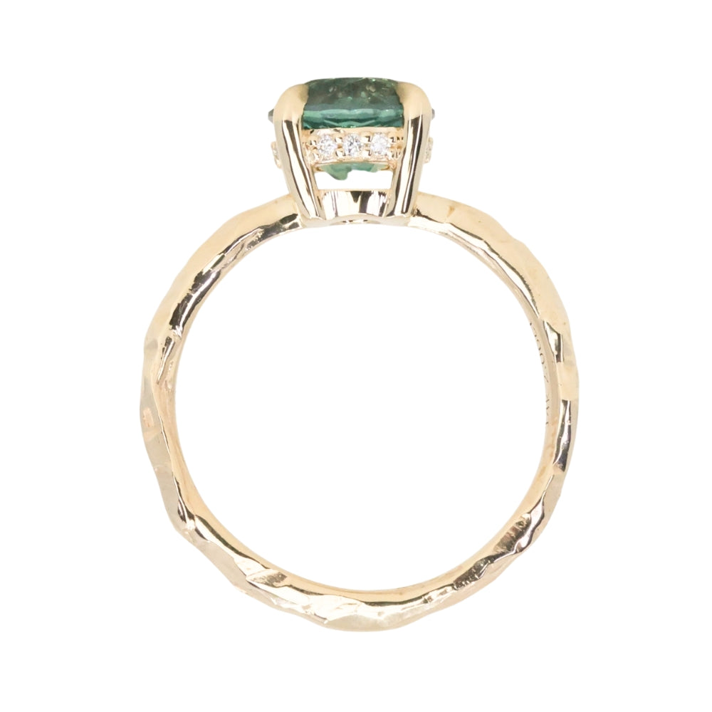 2.06ct Round Untreated Teal Montana Sapphire Hidden Halo Low Profile Evergreen Carved Four Prong Solitaire in 14k Yellow Gold
