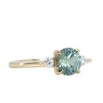 1.36ct Untreated Seafoam Round Montana Sapphire and Diamond Dainty Three Stone Ring in 18k Yellow Gold