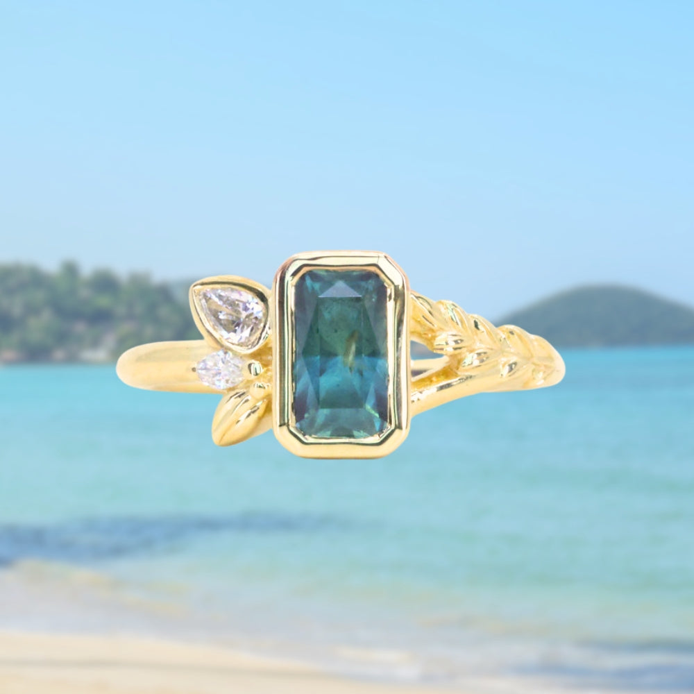 1.45ct Untreated Montana Sapphire Wandering Vine Low Profile Bezel Ring with Pear Diamond in 18k Yellow Gold