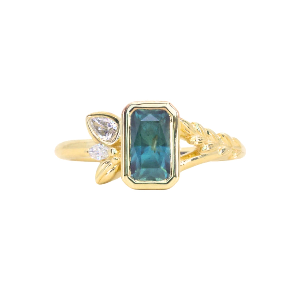 1.45ct Untreated Montana Sapphire Wandering Vine Low Profile Bezel Ring with Pear Diamond in 18k Yellow Gold