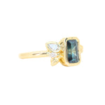 1.45ct Untreated Montana Sapphire Wandering Vine Low Profile Bezel Ring with Pear Diamond in 18k Yellow Gold