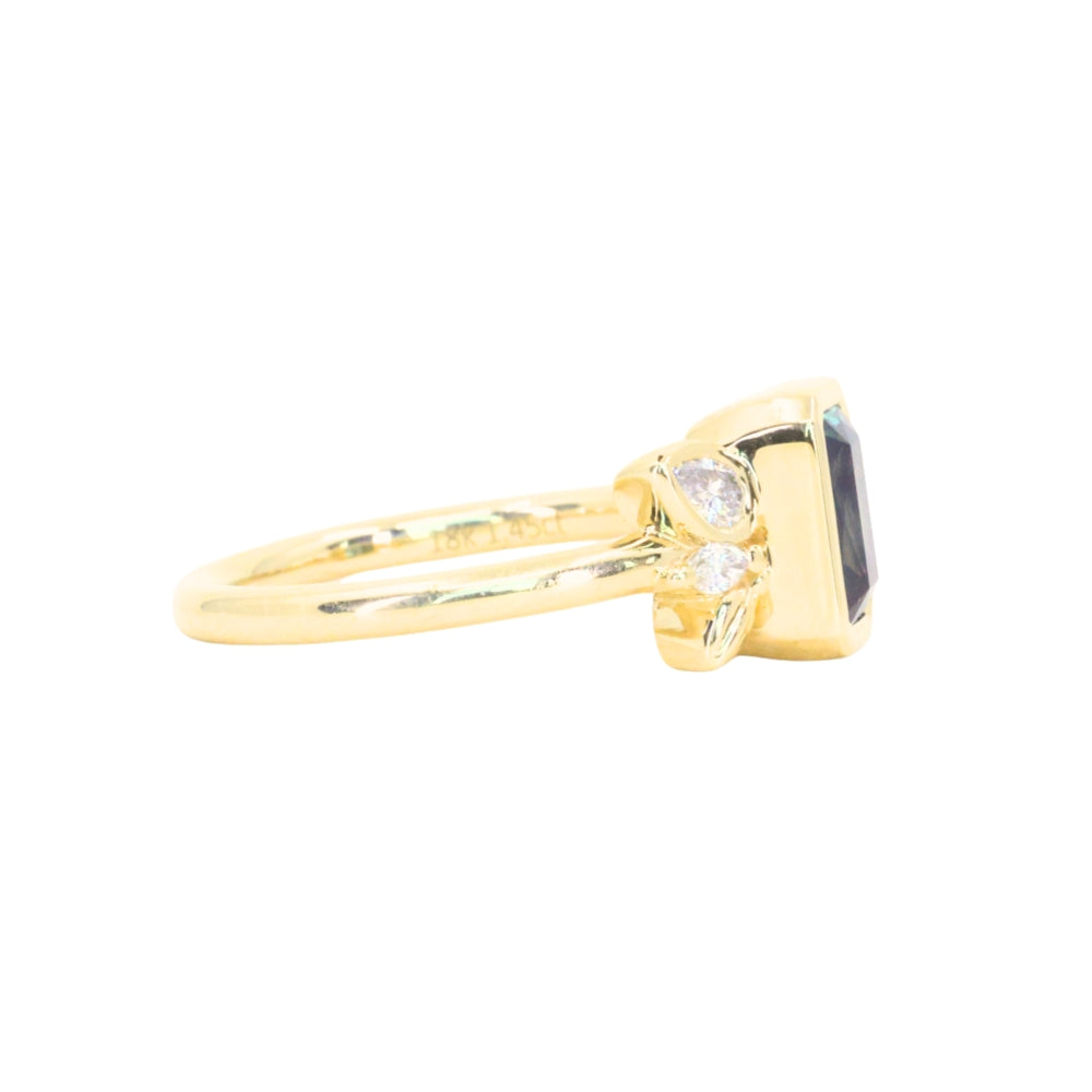 1.45ct Untreated Montana Sapphire Wandering Vine Low Profile Bezel Ring with Pear Diamond in 18k Yellow Gold
