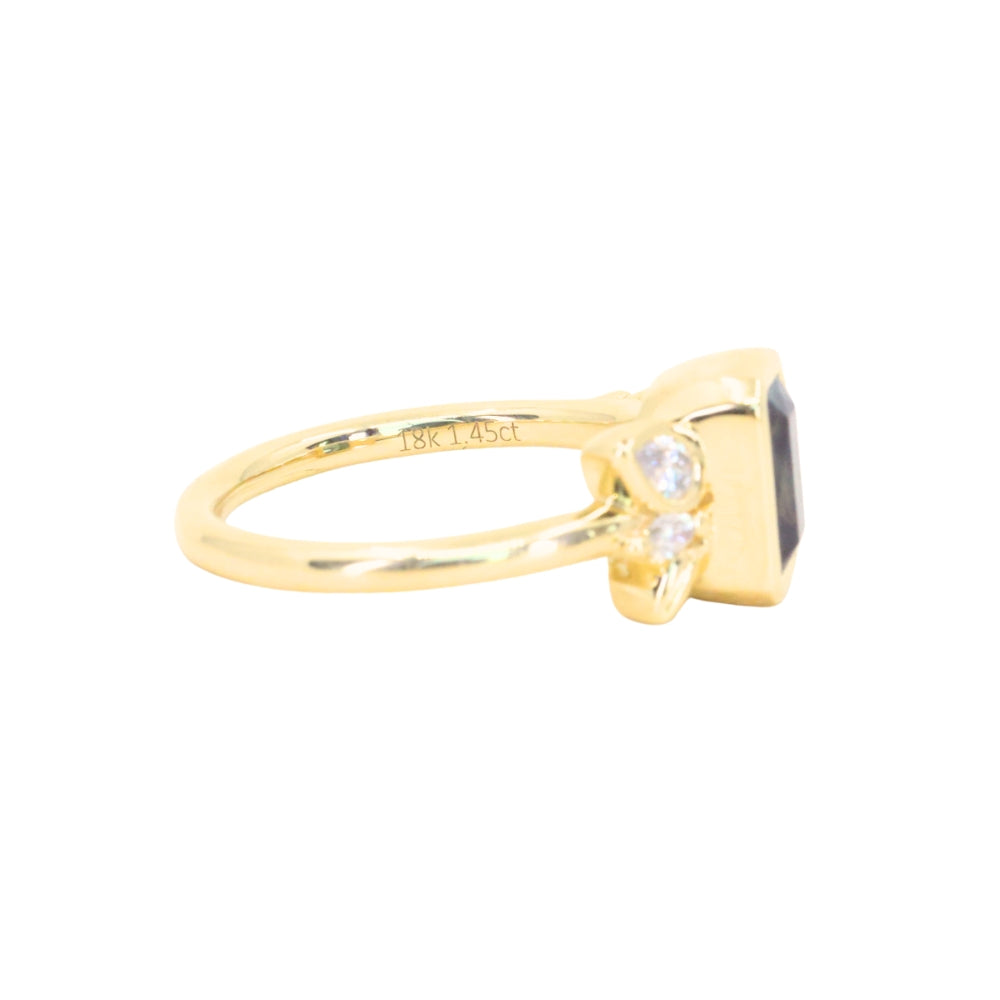 1.45ct Untreated Montana Sapphire Wandering Vine Low Profile Bezel Ring with Pear Diamond in 18k Yellow Gold