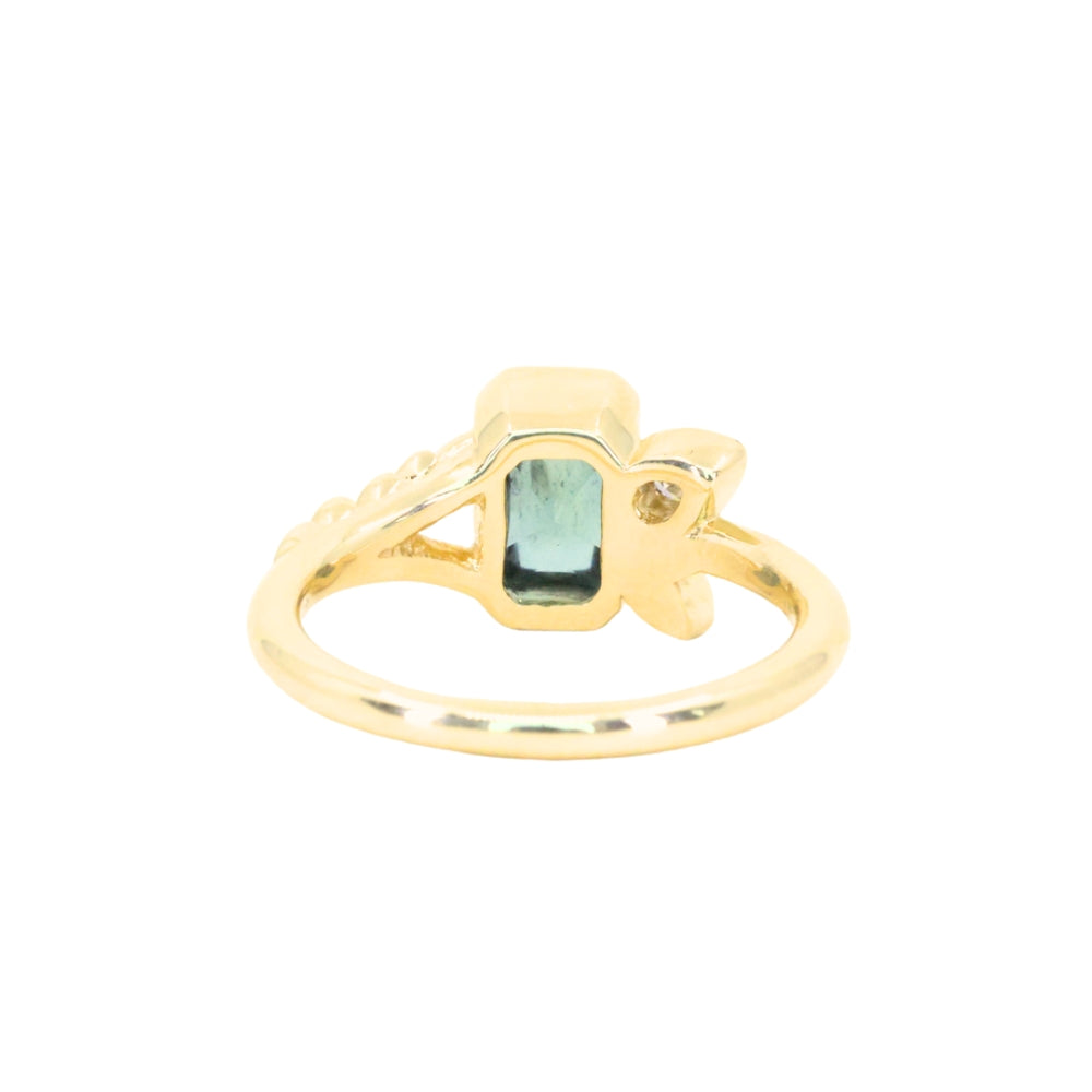 1.45ct Untreated Montana Sapphire Wandering Vine Low Profile Bezel Ring with Pear Diamond in 18k Yellow Gold