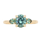 1.51ct Oval Teal Blue Precision Cut Montana Sapphire and Pear Sapphire Low Profile Three Stone Ring in 14k Yellow Gold