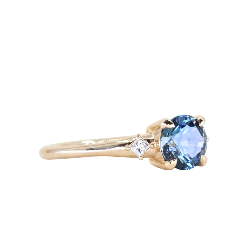 1.19ct Ocean Blue Precision Cut Montana Sapphire and Princess Cut Diamond Rapids Low Profile Ring in 14k Yellow Gold