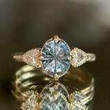 2.07ct Untreated Fantasy Cut Montana Sapphire and Diamond  Antique Milgrain Three Stone Low Profile Ring in 14k Yellow Gold