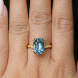 4.25ct Antique Style Elongated Cushion Untreated Montana Sapphire Vine Cathedral Four Prong Ring in 18k Yellow Gold