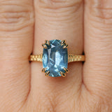 4.25ct Antique Style Elongated Cushion Untreated Montana Sapphire Vine Cathedral Four Prong Ring in 18k Yellow Gold