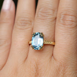 4.25ct Antique Style Elongated Cushion Untreated Montana Sapphire Vine Cathedral Four Prong Ring in 18k Yellow Gold