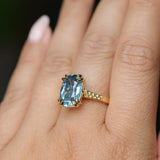 4.25ct Antique Style Elongated Cushion Untreated Montana Sapphire Vine Cathedral Four Prong Ring in 18k Yellow Gold