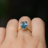 4.25ct Antique Style Elongated Cushion Untreated Montana Sapphire Vine Cathedral Four Prong Ring in 18k Yellow Gold