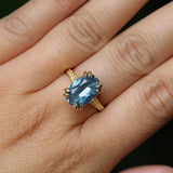 4.25ct Antique Style Elongated Cushion Untreated Montana Sapphire Vine Cathedral Four Prong Ring in 18k Yellow Gold