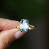 4.25ct Antique Style Elongated Cushion Untreated Montana Sapphire Vine Cathedral Four Prong Ring in 18k Yellow Gold