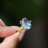 4.25ct Antique Style Elongated Cushion Untreated Montana Sapphire Vine Cathedral Four Prong Ring in 18k Yellow Gold