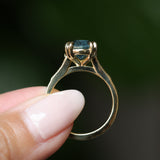 4.25ct Antique Style Elongated Cushion Untreated Montana Sapphire Vine Cathedral Four Prong Ring in 18k Yellow Gold