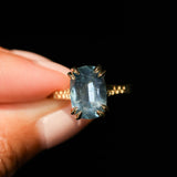 4.25ct Antique Style Elongated Cushion Untreated Montana Sapphire Vine Cathedral Four Prong Ring in 18k Yellow Gold
