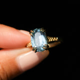 4.25ct Antique Style Elongated Cushion Untreated Montana Sapphire Vine Cathedral Four Prong Ring in 18k Yellow Gold