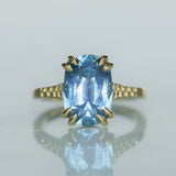 4.25ct Antique Style Elongated Cushion Untreated Montana Sapphire Vine Cathedral Four Prong Ring in 18k Yellow Gold