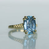 4.25ct Antique Style Elongated Cushion Untreated Montana Sapphire Vine Cathedral Four Prong Ring in 18k Yellow Gold