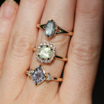 1.93ct Untreated Fantasy Cut Montana Sapphire and Diamond  Antique Milgrain Three Stone Low Profile Ring in 14k Yellow Gold