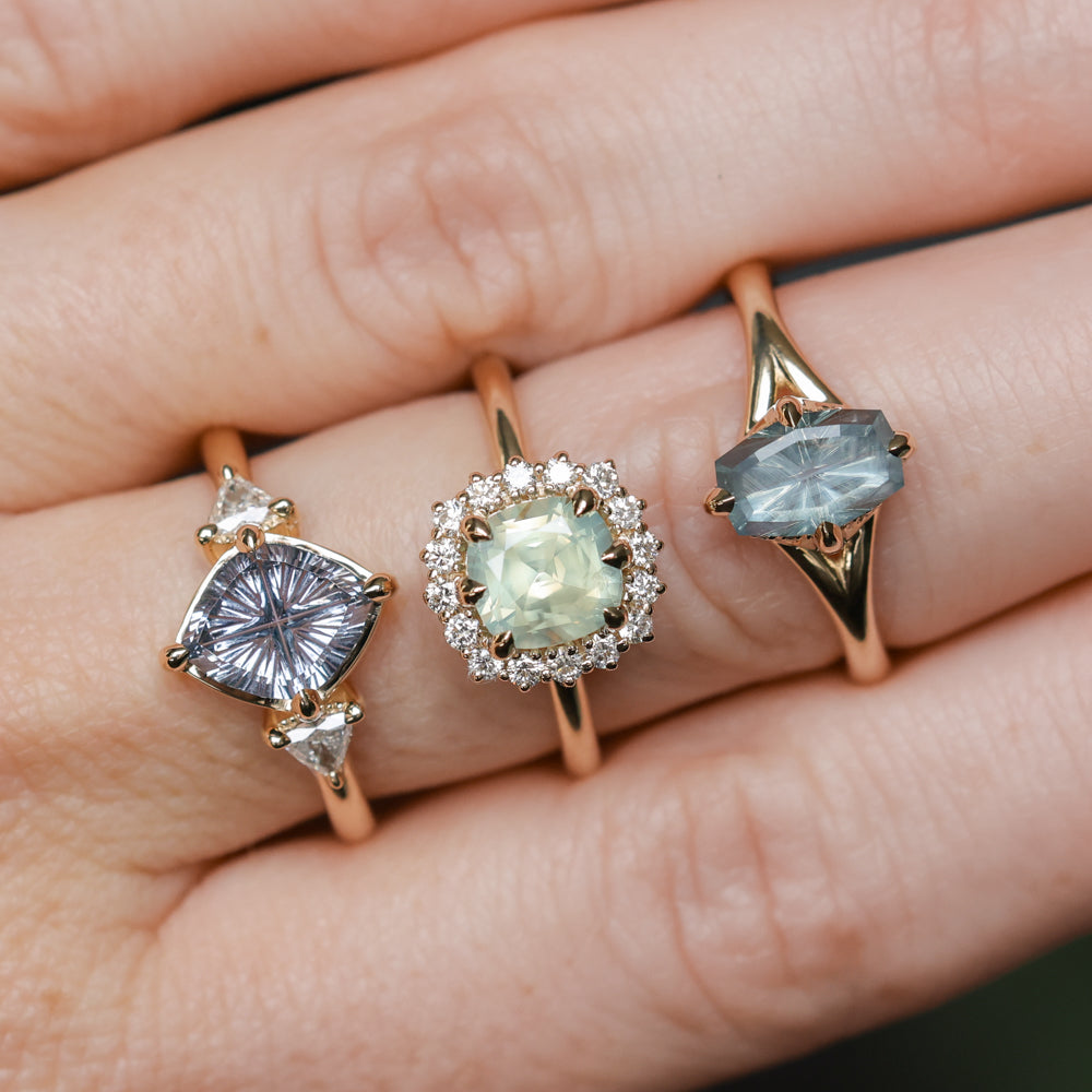 1.93ct Untreated Fantasy Cut Montana Sapphire and Diamond  Antique Milgrain Three Stone Low Profile Ring in 14k Yellow Gold