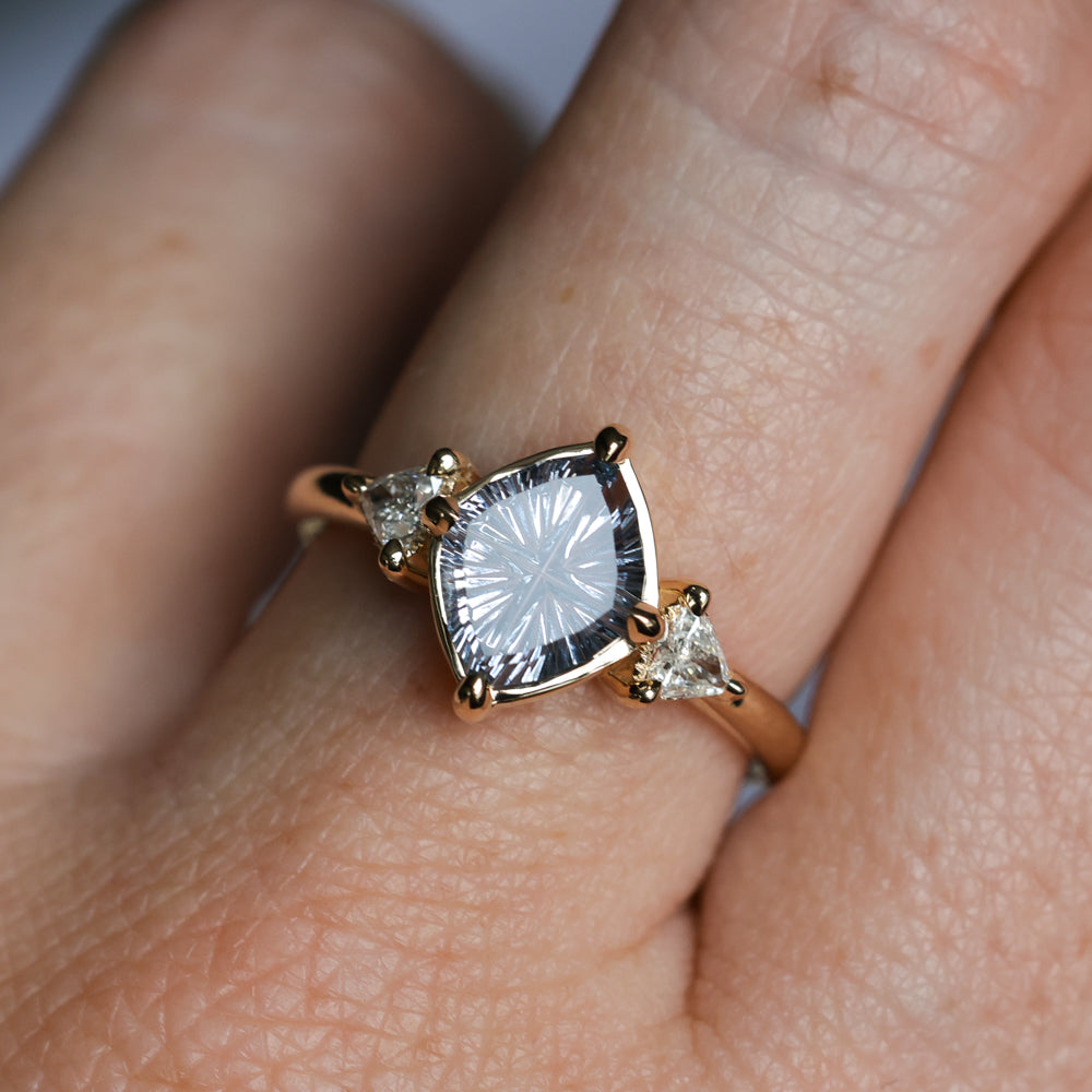 1.93ct Untreated Fantasy Cut Montana Sapphire and Diamond  Antique Milgrain Three Stone Low Profile Ring in 14k Yellow Gold