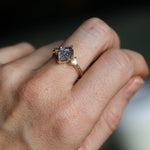 1.93ct Untreated Fantasy Cut Montana Sapphire and Diamond  Antique Milgrain Three Stone Low Profile Ring in 14k Yellow Gold