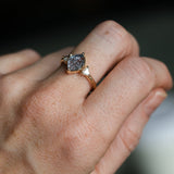 1.93ct Untreated Fantasy Cut Montana Sapphire and Diamond  Antique Milgrain Three Stone Low Profile Ring in 14k Yellow Gold