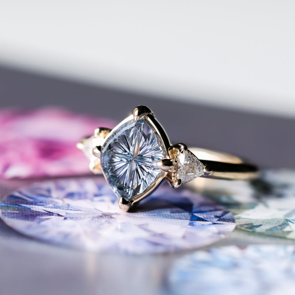 1.93ct Untreated Fantasy Cut Montana Sapphire and Diamond  Antique Milgrain Three Stone Low Profile Ring in 14k Yellow Gold