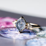 1.93ct Untreated Fantasy Cut Montana Sapphire and Diamond  Antique Milgrain Three Stone Low Profile Ring in 14k Yellow Gold