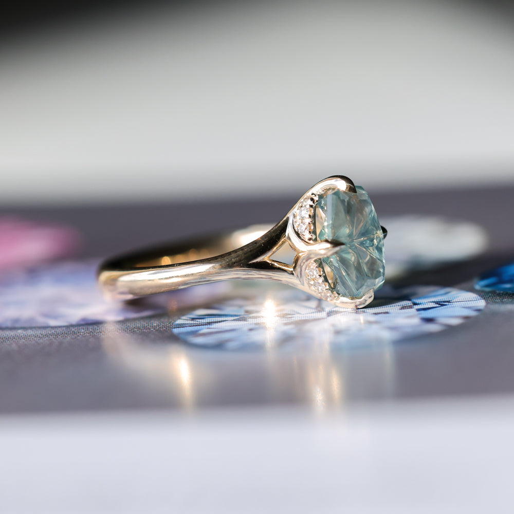 1.75ct Barion Shape Fantasy Cut Carved Montana Sapphire Split Shank Hidden Halo Six Prong Solitaire in 14k Yellow Gold